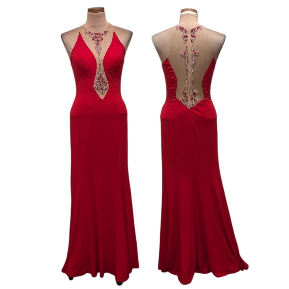 Jovani Maxi Dress Size 4 Red Sheer Rhinestone Beaded Gown